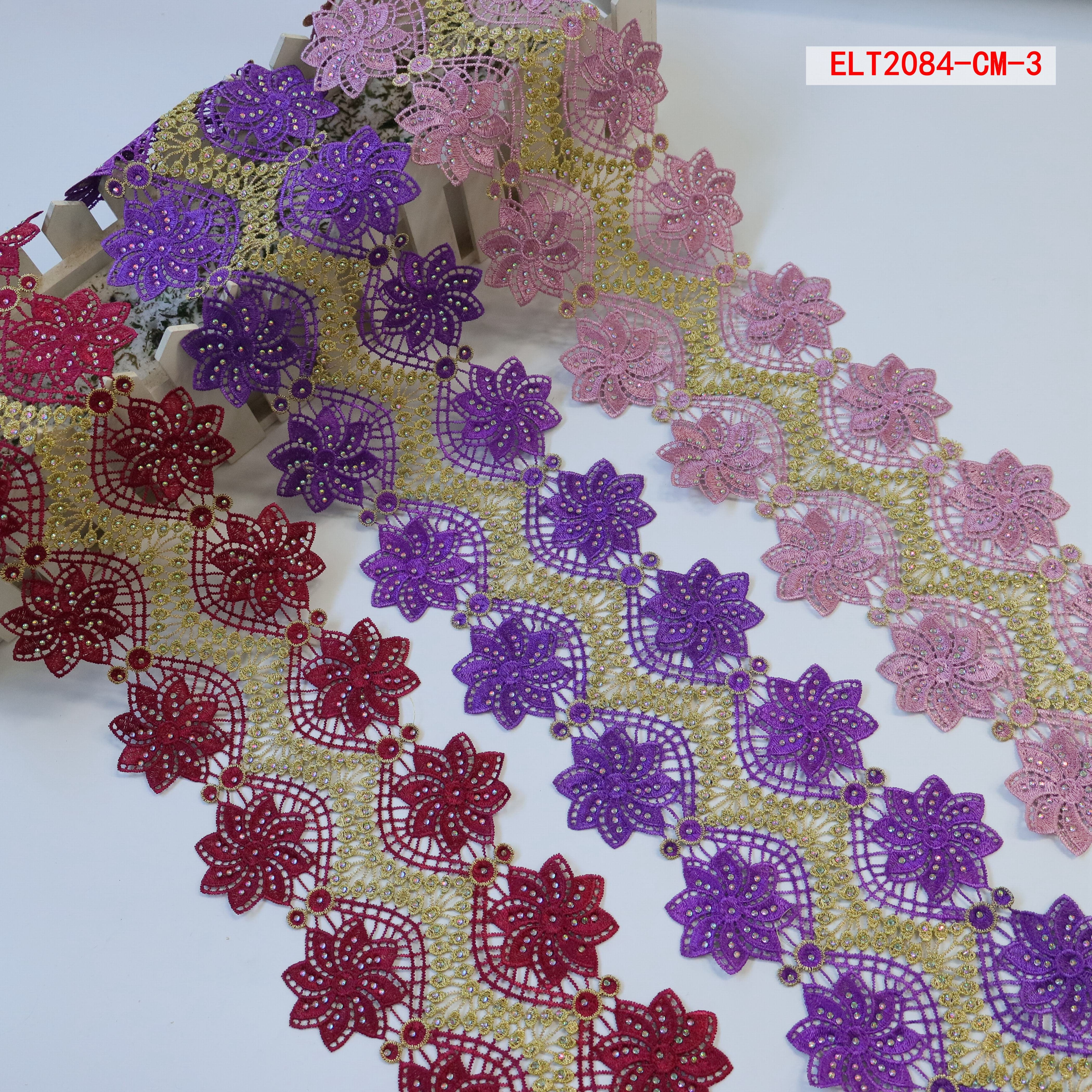 Ribete de encaje polyester material shiny rhinestone border embroidery lace trim