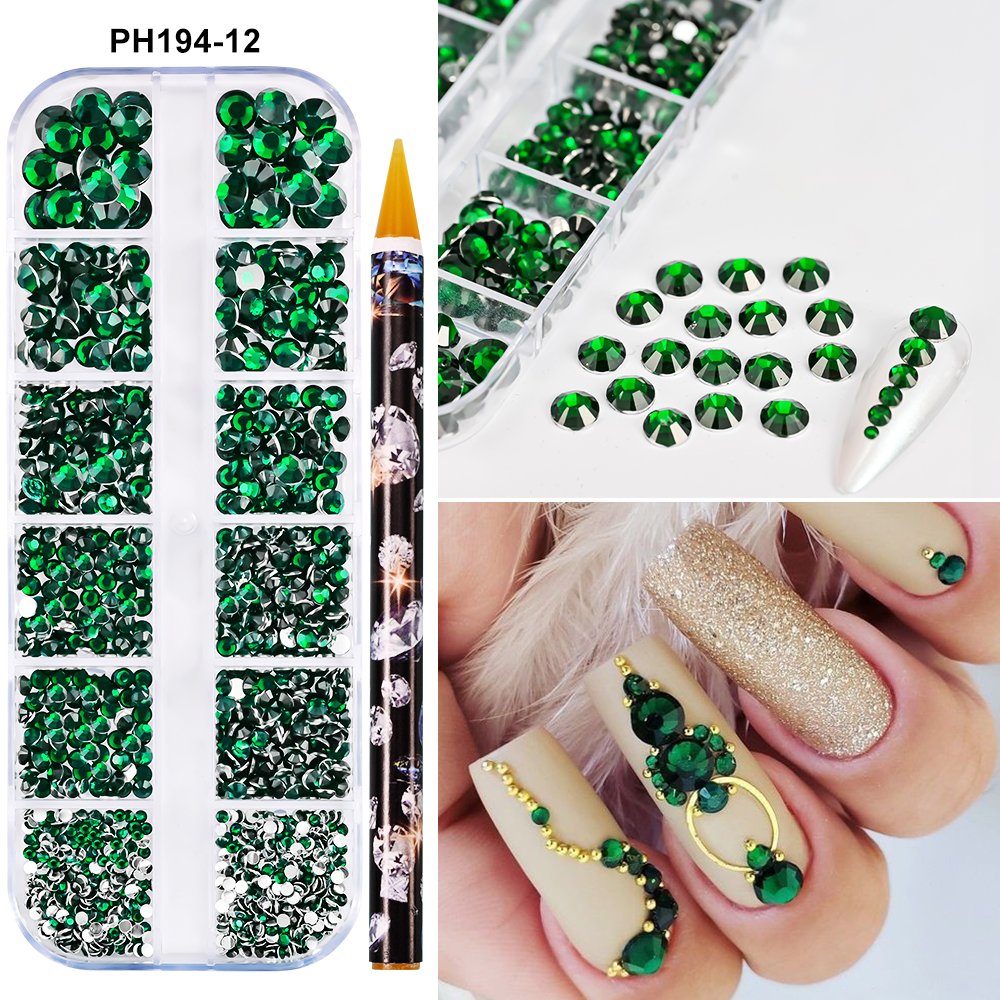 12Grids Christmas Red Green Nail Rhinestones SS6-SS30 Mixed Flat Back Nail Rhinestone Gem Glass Stones With Dotting Pen