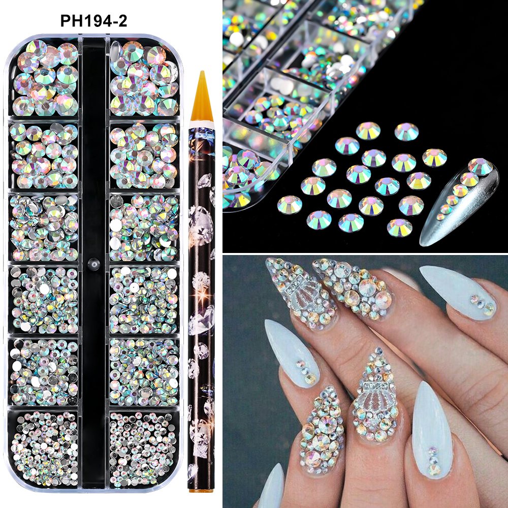 12Grids Christmas Red Green Nail Rhinestones SS6-SS30 Mixed Flat Back Nail Rhinestone Gem Glass Stones With Dotting Pen