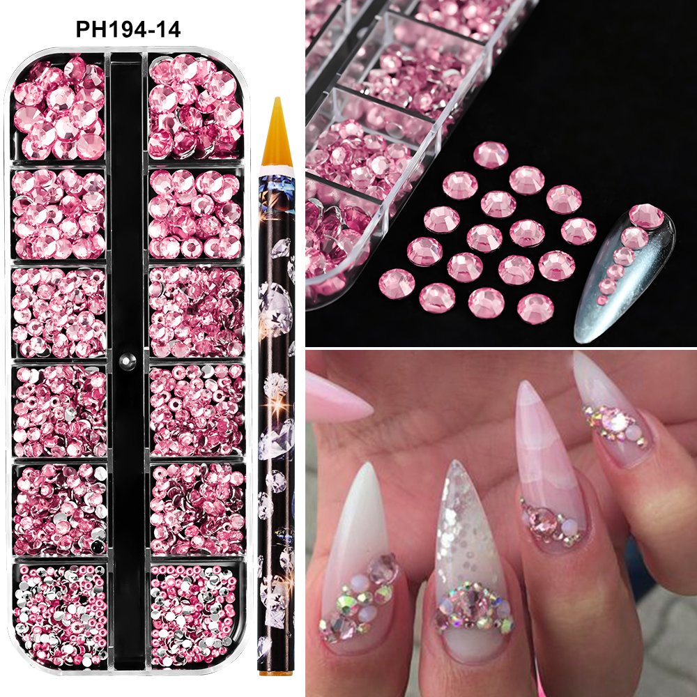 12Grids Christmas Red Green Nail Rhinestones SS6-SS30 Mixed Flat Back Nail Rhinestone Gem Glass Stones With Dotting Pen