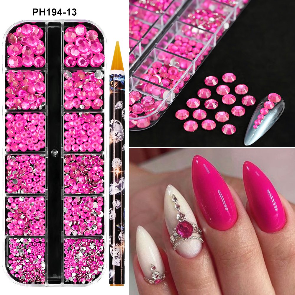 12Grids Christmas Red Green Nail Rhinestones SS6-SS30 Mixed Flat Back Nail Rhinestone Gem Glass Stones With Dotting Pen