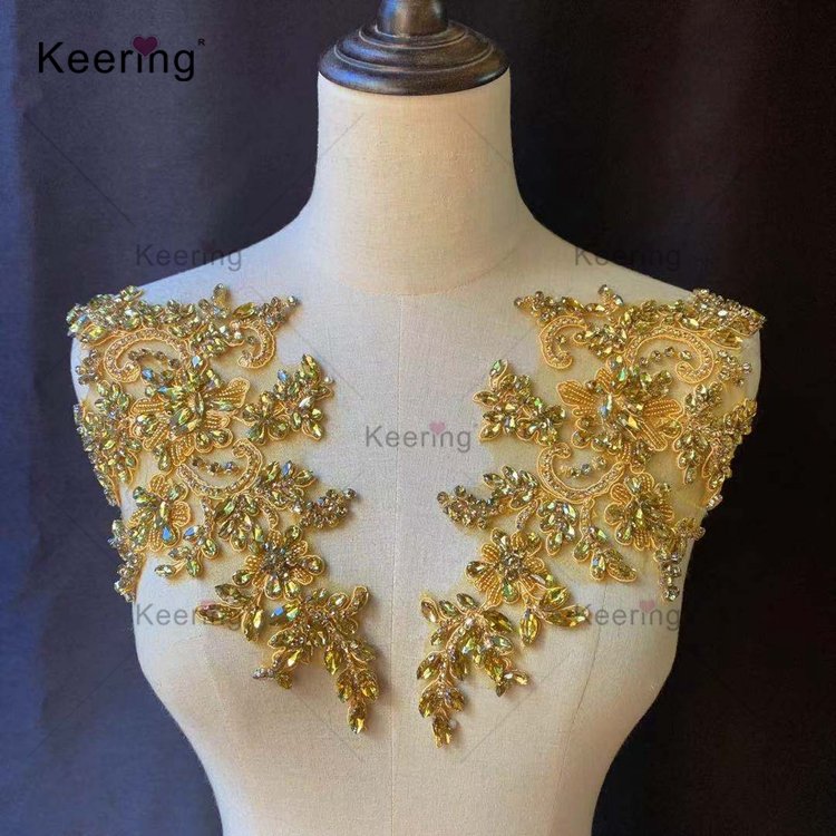 WDPE-001 Colorful symmetrical rhinestone appliques delicate flower bodice sash applique for bridal bridesmaid dress