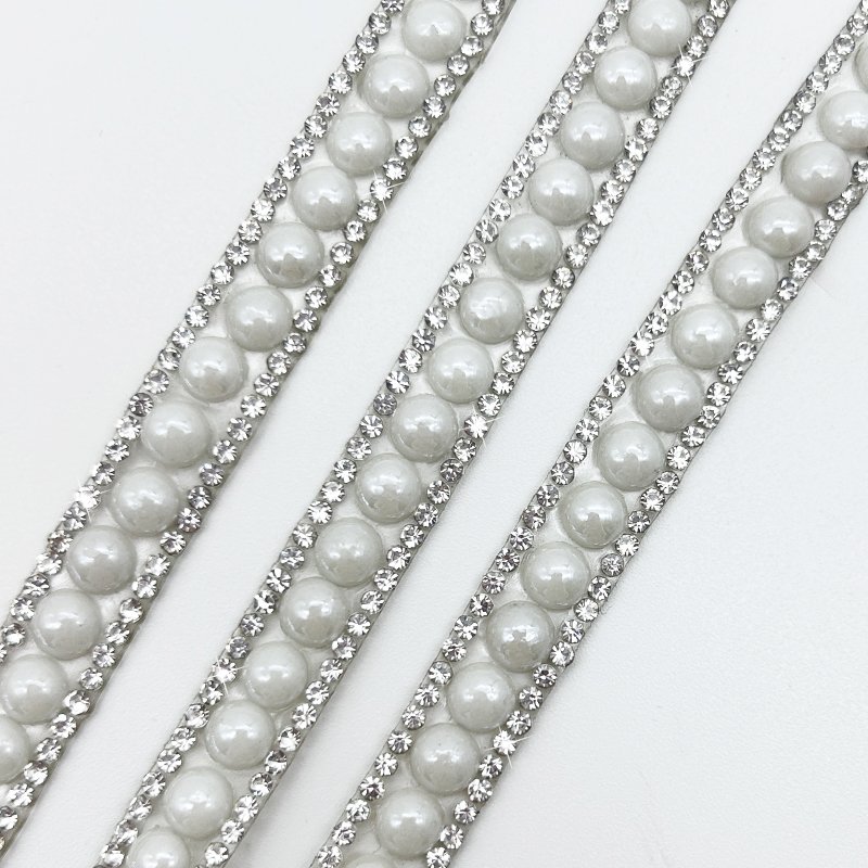Fashion Rhinestone Pearl Beaded Strip Self Adhesive Crystal Bridal Sash Belt Ribbon Trim for Clothes Dress Accessories