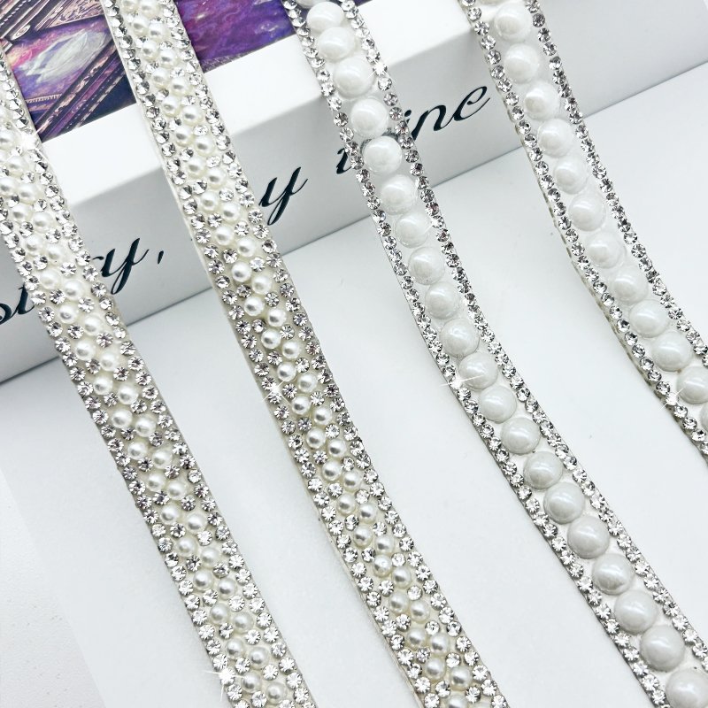 Fashion Rhinestone Pearl Beaded Strip Self Adhesive Crystal Bridal Sash Belt Ribbon Trim for Clothes Dress Accessories