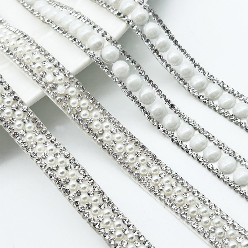 Fashion Rhinestone Pearl Beaded Strip Self Adhesive Crystal Bridal Sash Belt Ribbon Trim for Clothes Dress Accessories