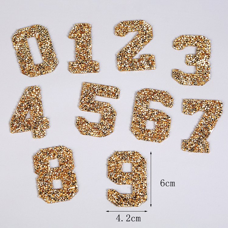 Wholesale sparkle handwork beaded crystal patches iron on silver gold bling 0 to 9 rhinestone number patch for clothing jersey