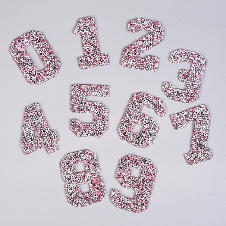 Wholesale sparkle handwork beaded crystal patches iron on silver gold bling 0 to 9 rhinestone number patch for clothing jersey