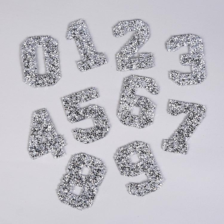 Wholesale sparkle handwork beaded crystal patches iron on silver gold bling 0 to 9 rhinestone number patch for clothing jersey