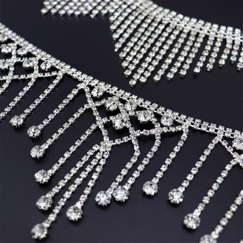 Glitter Tassel Crystal Chain Sew On Garment Decorative Clear Rhinestone Trim For Dance Clothes