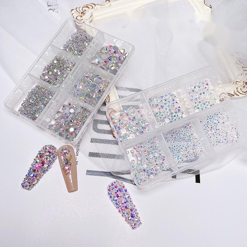 Hot Sale 6 Grid Flat Back Diamond Crystals Stone Nail Art Rhinestones Kit Press on Nails Set