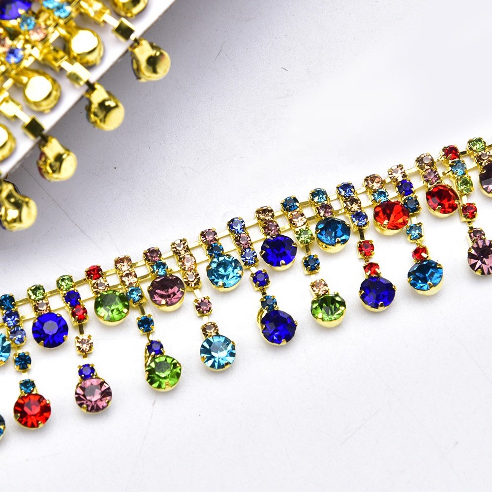Short Round Pendant Glass Rhinestone Fringe Crystal Tassel Metal Chain Trim for Shoes Dress Bags Decoration Accessories