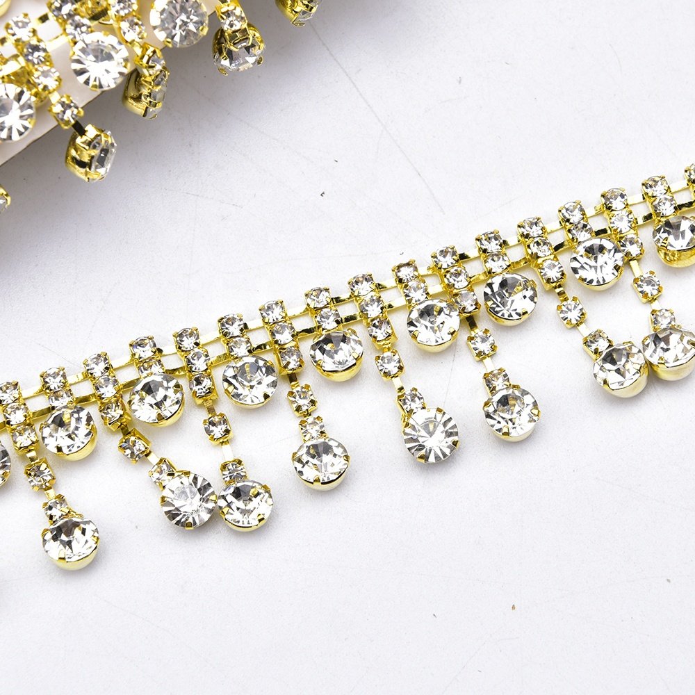 Short Round Pendant Glass Rhinestone Fringe Crystal Tassel Metal Chain Trim for Shoes Dress Bags Decoration Accessories