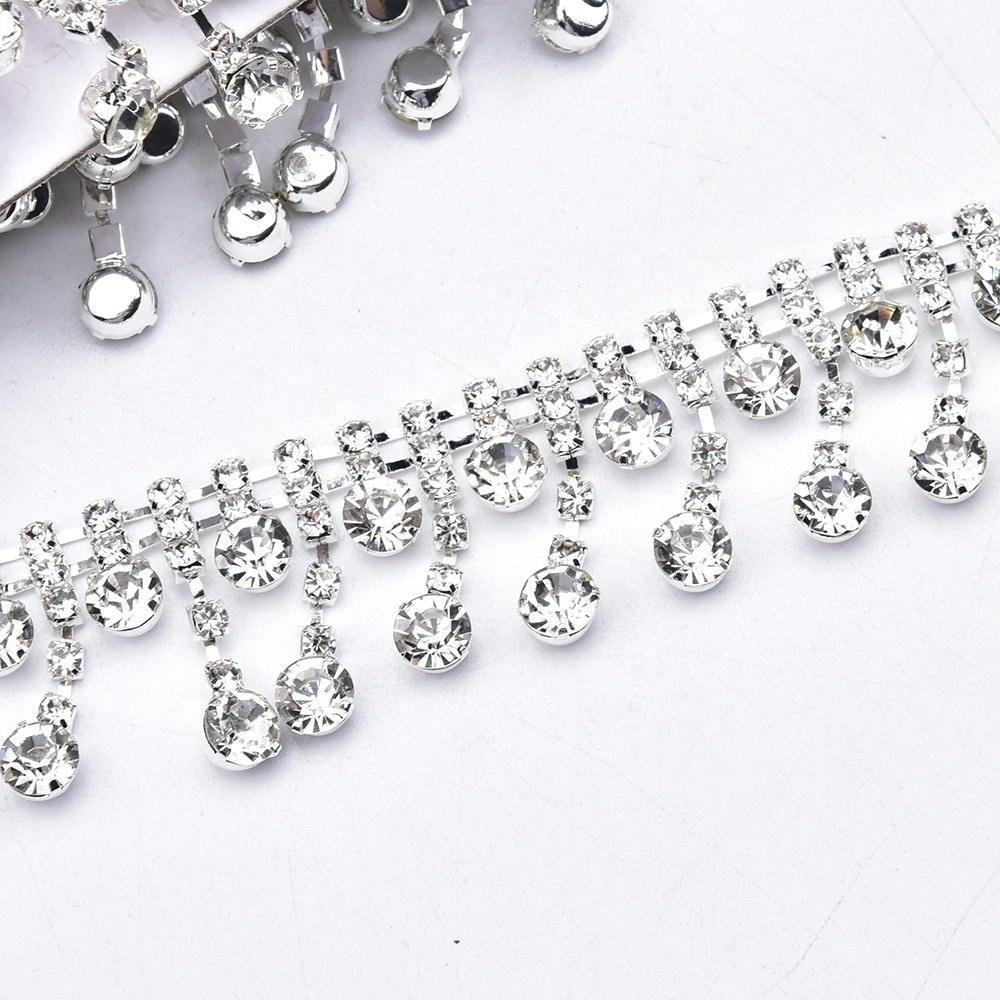 Short Round Pendant Glass Rhinestone Fringe Crystal Tassel Metal Chain Trim for Shoes Dress Bags Decoration Accessories