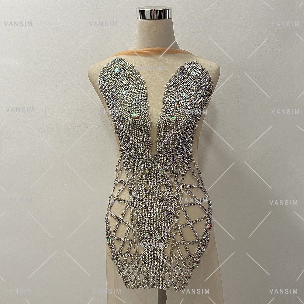 High end Bridal sash crystal beaded bodice embroidered patches sequin rhinestone bodice rhinestone applique