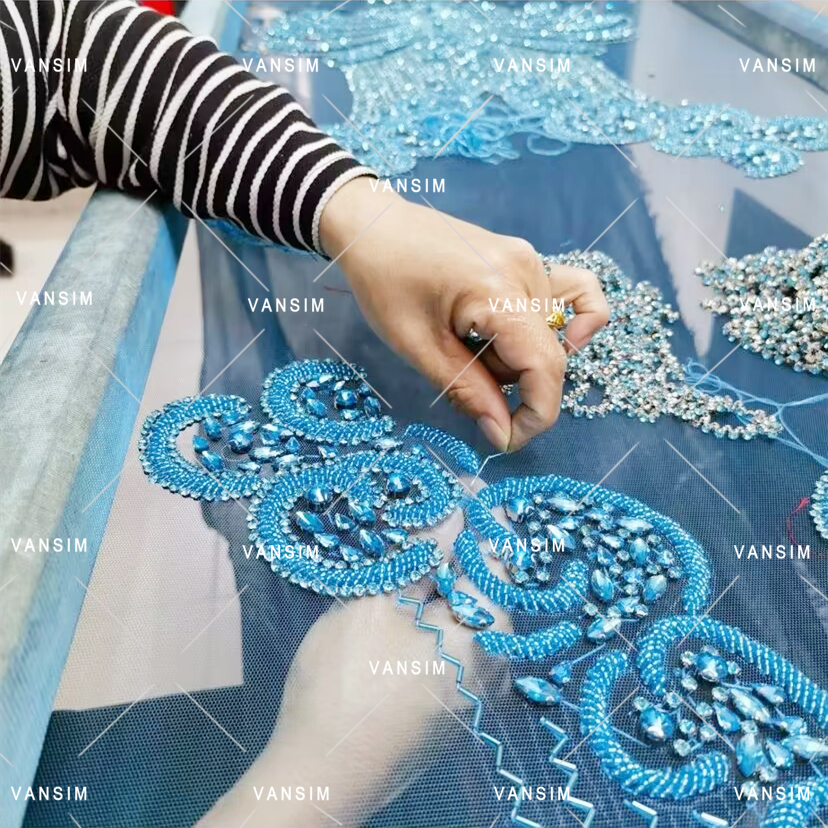 High end Bridal sash crystal beaded bodice embroidered patches sequin rhinestone bodice rhinestone applique