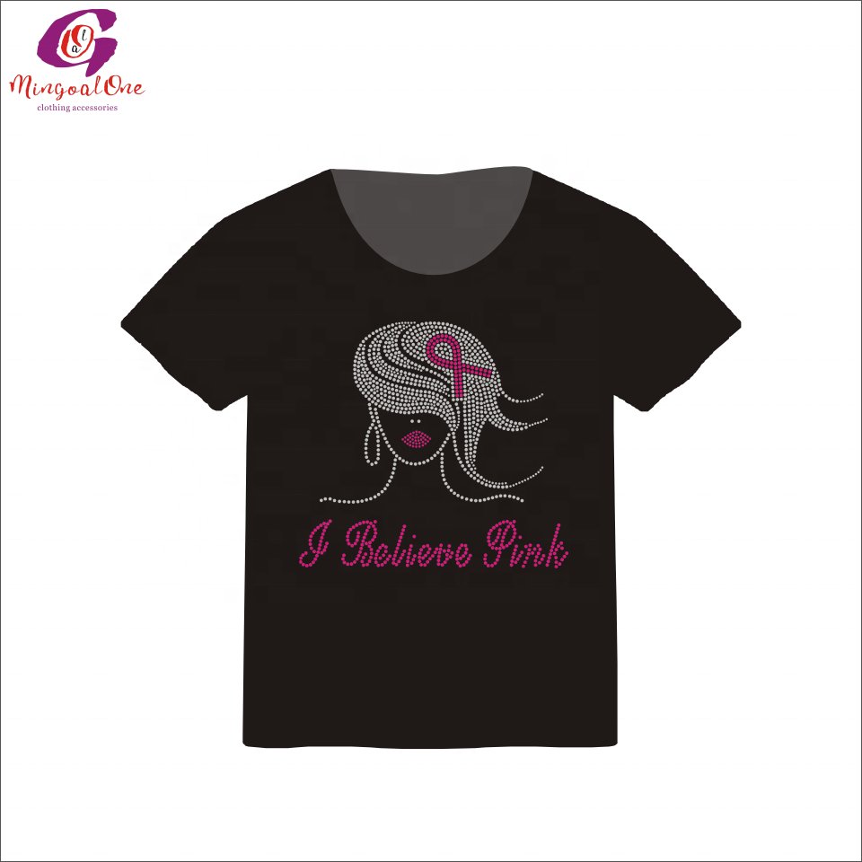 Factory Customized Pink Ribbon Iron On Rhinestone Motif I Believe Pink Hot Fix Bling Rhinestone Heat Transfer for Shirt Hoody