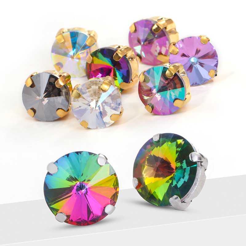 Xichuan Factory 8mm Rivoli Fancy Stone Crystal Buckle Glass Sew On Rhinestones With Gold Silver Claws Gemstone Clothing