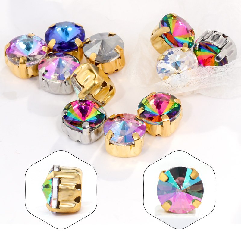 Xichuan Factory 8mm Rivoli Fancy Stone Crystal Buckle Glass Sew On Rhinestones With Gold Silver Claws Gemstone Clothing