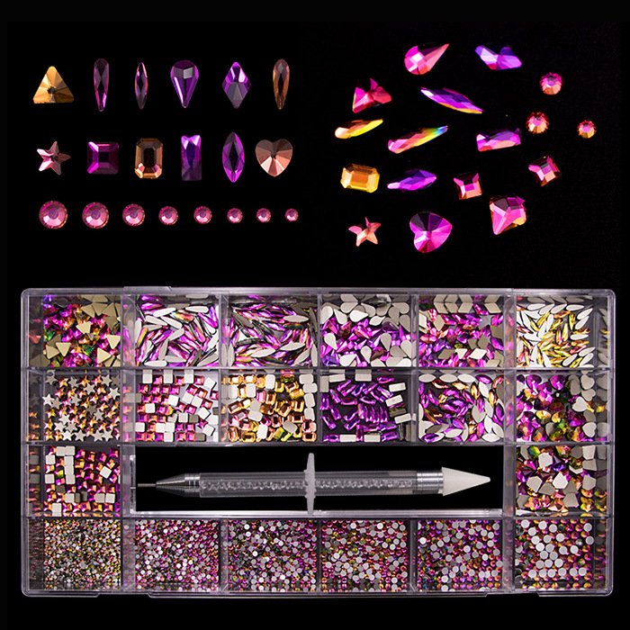 Luxury Shiny Diamond Nail Art Rhinestones Crystal Decorations Set AB Glass 1pcs Pick Up Pen In Grids Box 21 Shape