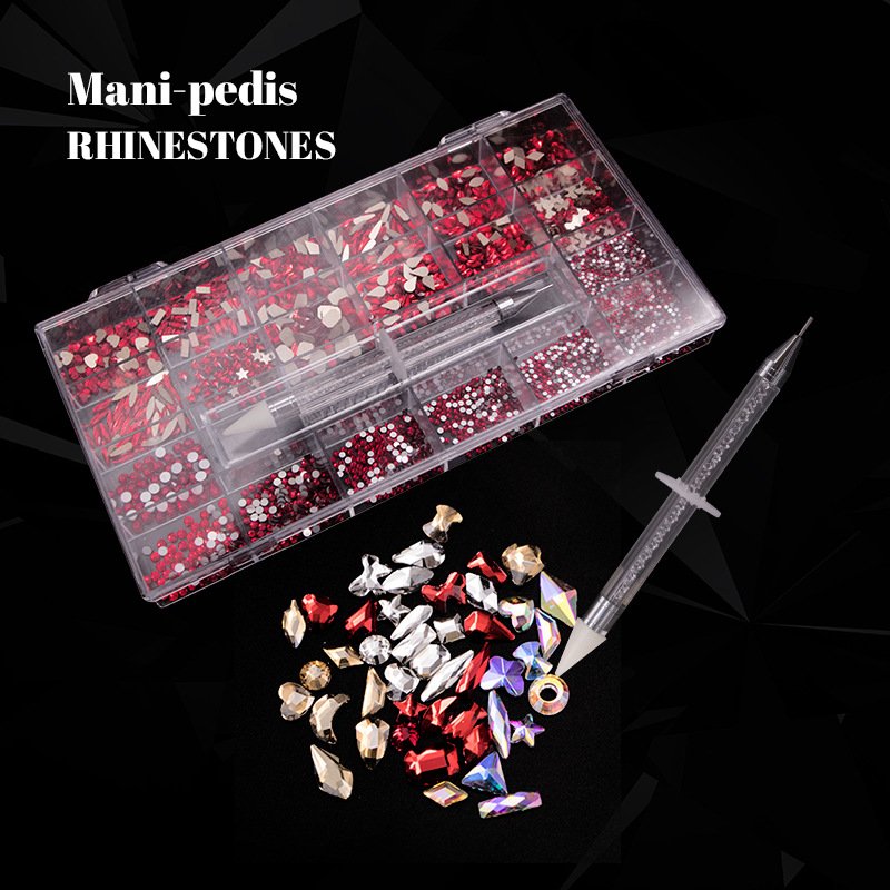 Luxury Shiny Diamond Nail Art Rhinestones Crystal Decorations Set AB Glass 1pcs Pick Up Pen In Grids Box 21 Shape
