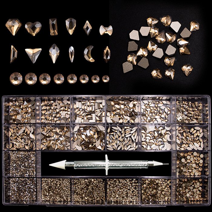 Luxury Shiny Diamond Nail Art Rhinestones Crystal Decorations Set AB Glass 1pcs Pick Up Pen In Grids Box 21 Shape