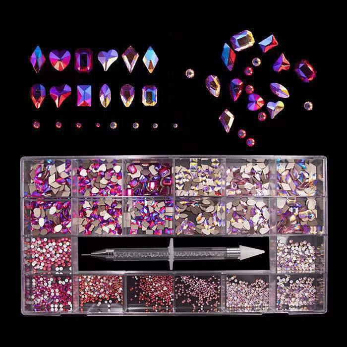 Luxury Shiny Diamond Nail Art Rhinestones Crystal Decorations Set AB Glass 1pcs Pick Up Pen In Grids Box 21 Shape