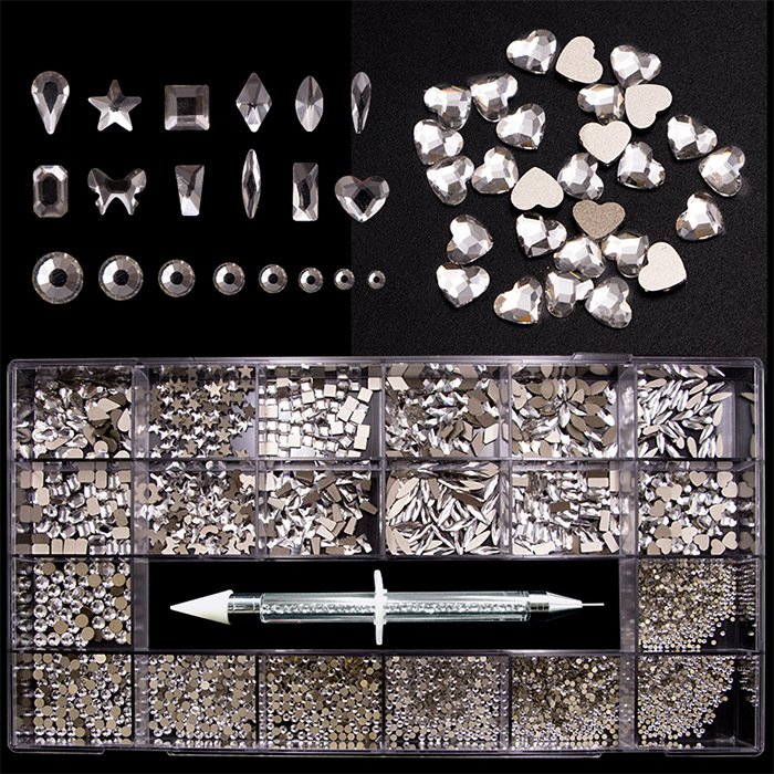 Luxury Shiny Diamond Nail Art Rhinestones Crystal Decorations Set AB Glass 1pcs Pick Up Pen In Grids Box 21 Shape