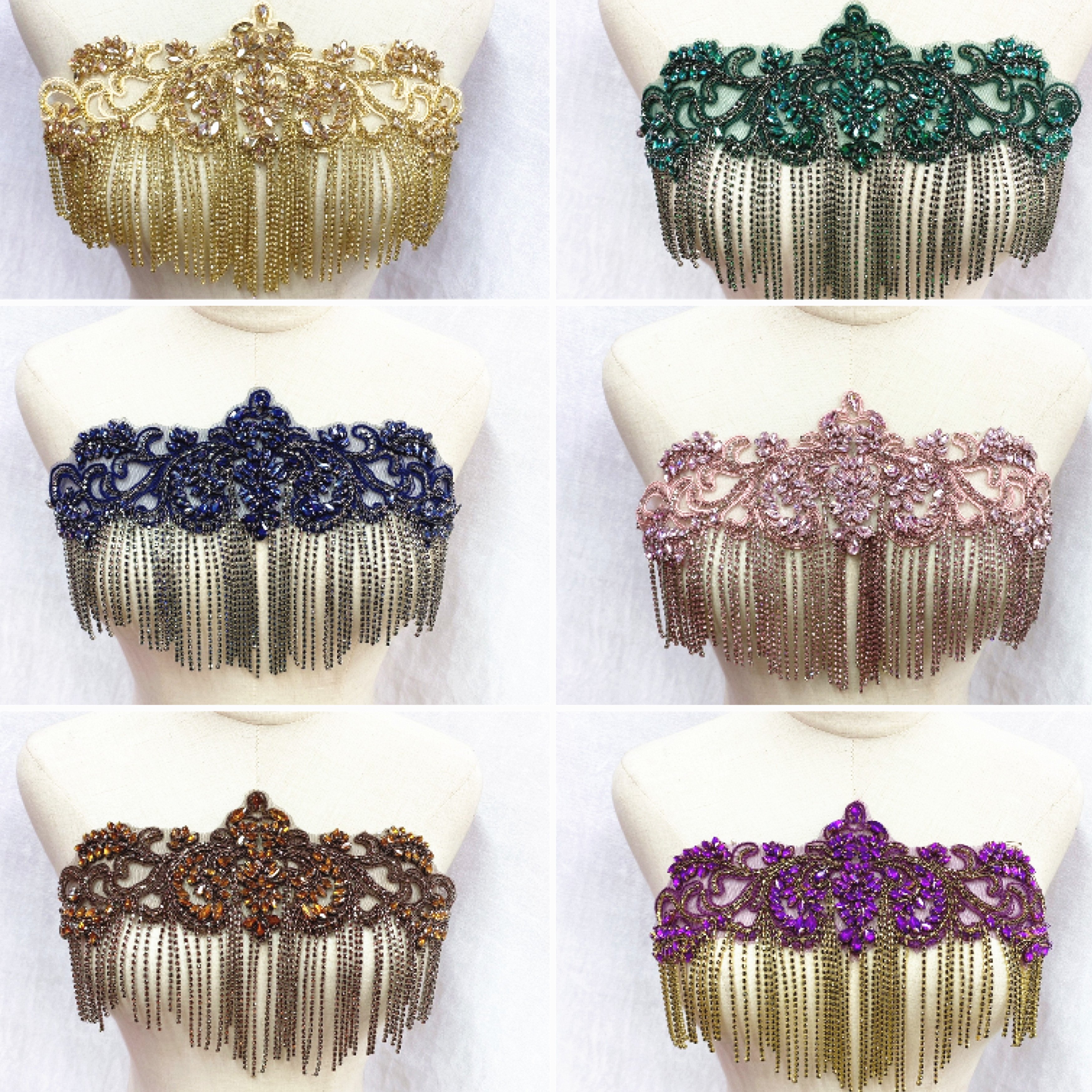 Tassel Applique Patches RM-434 Glass Beaded Crystal Wedding Lace Bodice Rhinestone Scarves with Rhinestones Wedding Dress Accept