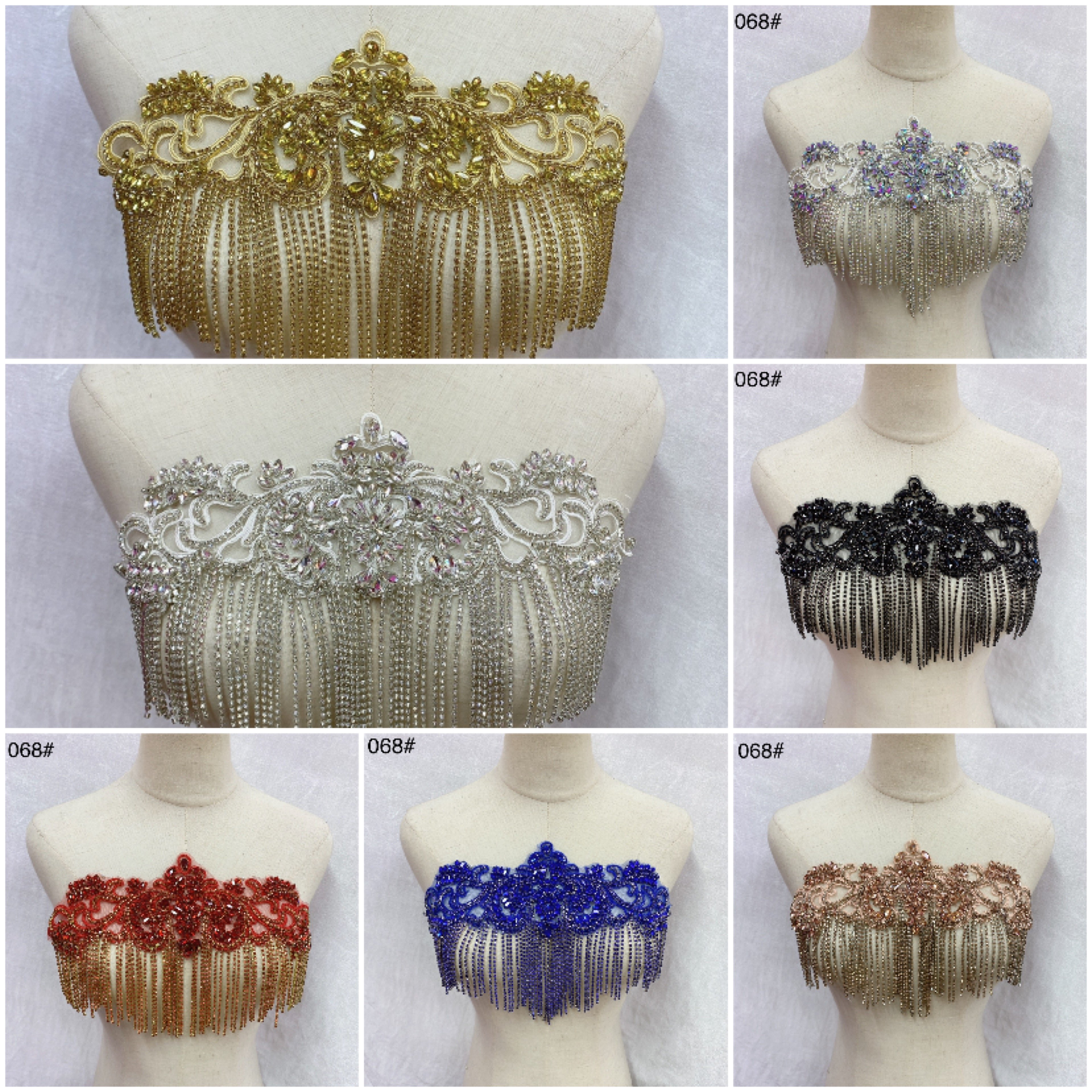 Tassel Applique Patches RM-434 Glass Beaded Crystal Wedding Lace Bodice Rhinestone Scarves with Rhinestones Wedding Dress Accept