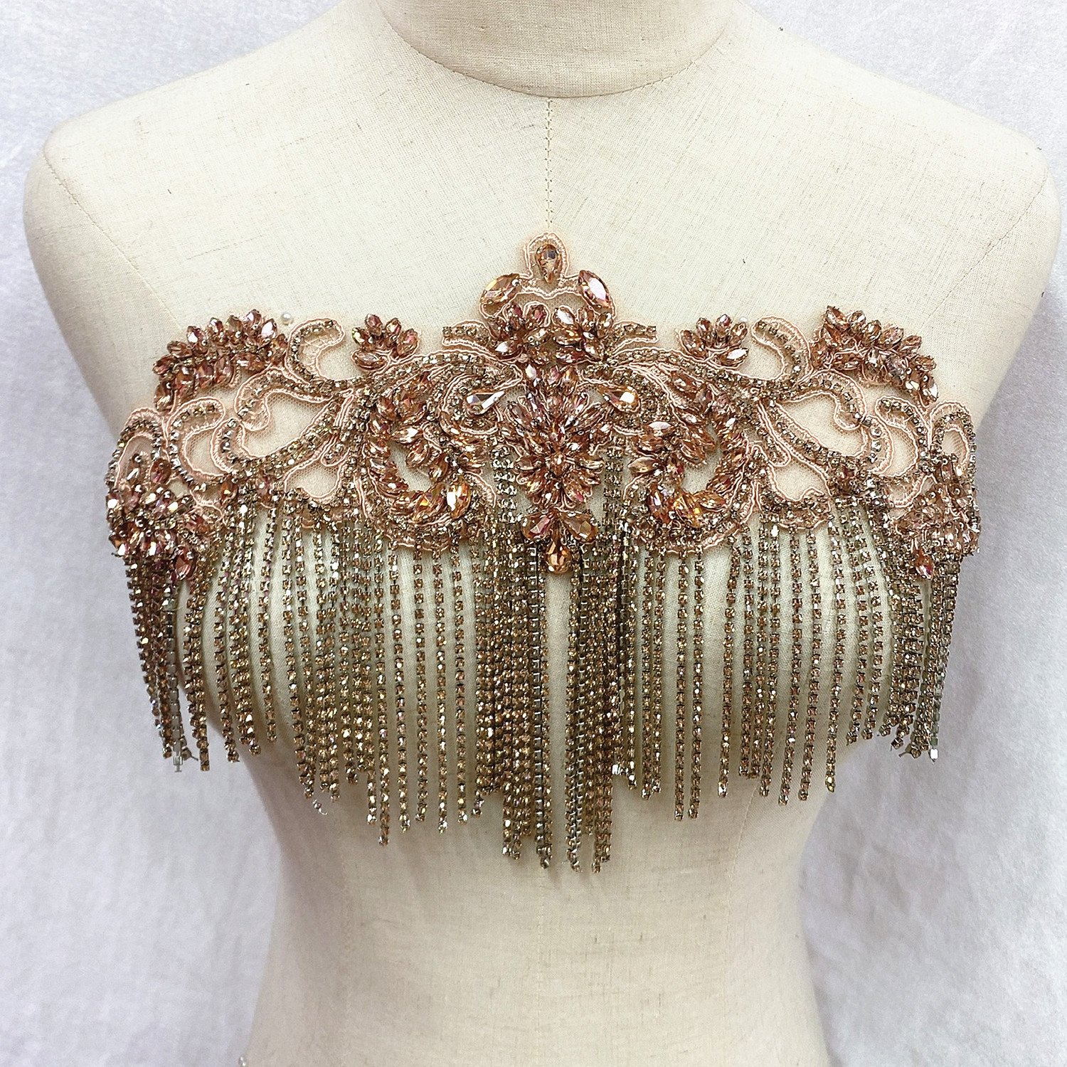 Tassel Applique Patches RM-434 Glass Beaded Crystal Wedding Lace Bodice Rhinestone Scarves with Rhinestones Wedding Dress Accept