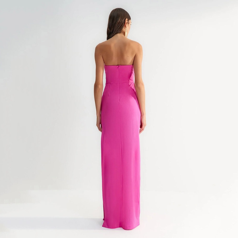 Ocstrade Rhinestone Strapless Evening Dress Metal Hollow Out Sexy High Slit Solid Straight Long Elegant Bandage Evening Dress
