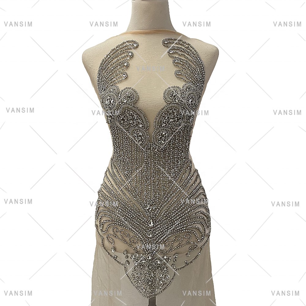 Shiny bling glass beads diamond crystal hand sewing evening dress white gold blue red rhinestone bodice applique on bridal