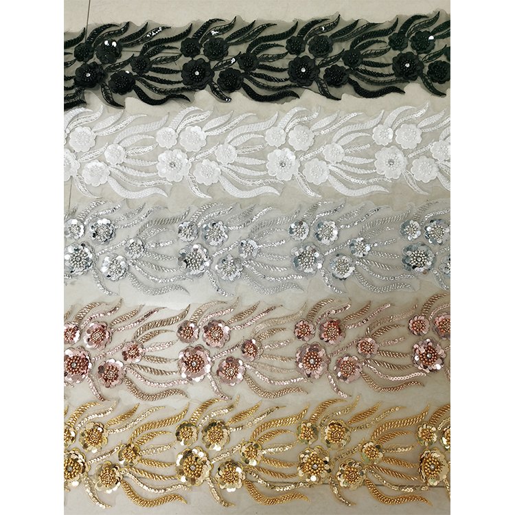 Fashion 3D Flower Trimming Embroidery Gold Lace Beaded Sequin Trim Rhinestone Trim by the Yard