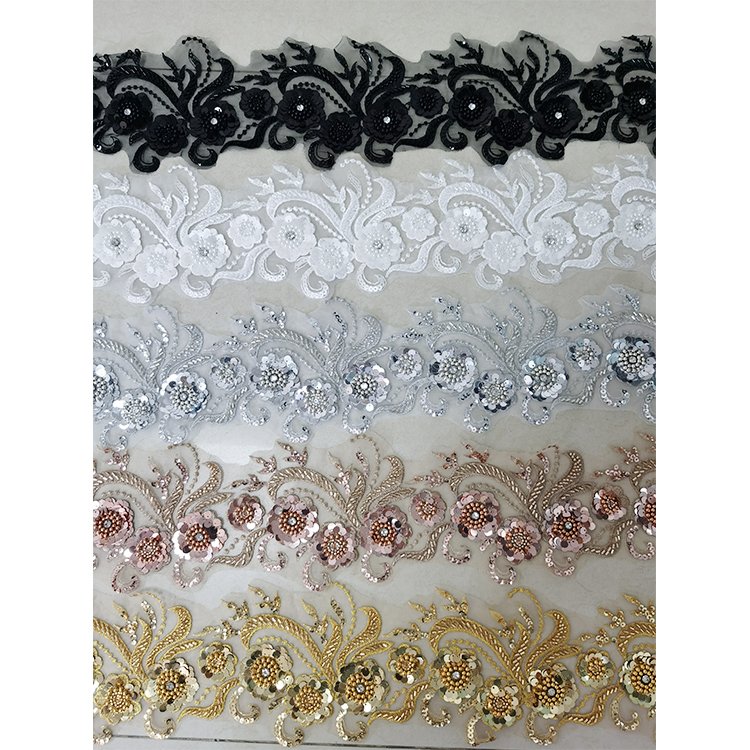 Fashion 3D Flower Trimming Embroidery Gold Lace Beaded Sequin Trim Rhinestone Trim by the Yard