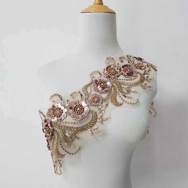 Fashion 3D Flower Trimming Embroidery Gold Lace Beaded Sequin Trim Rhinestone Trim by the Yard