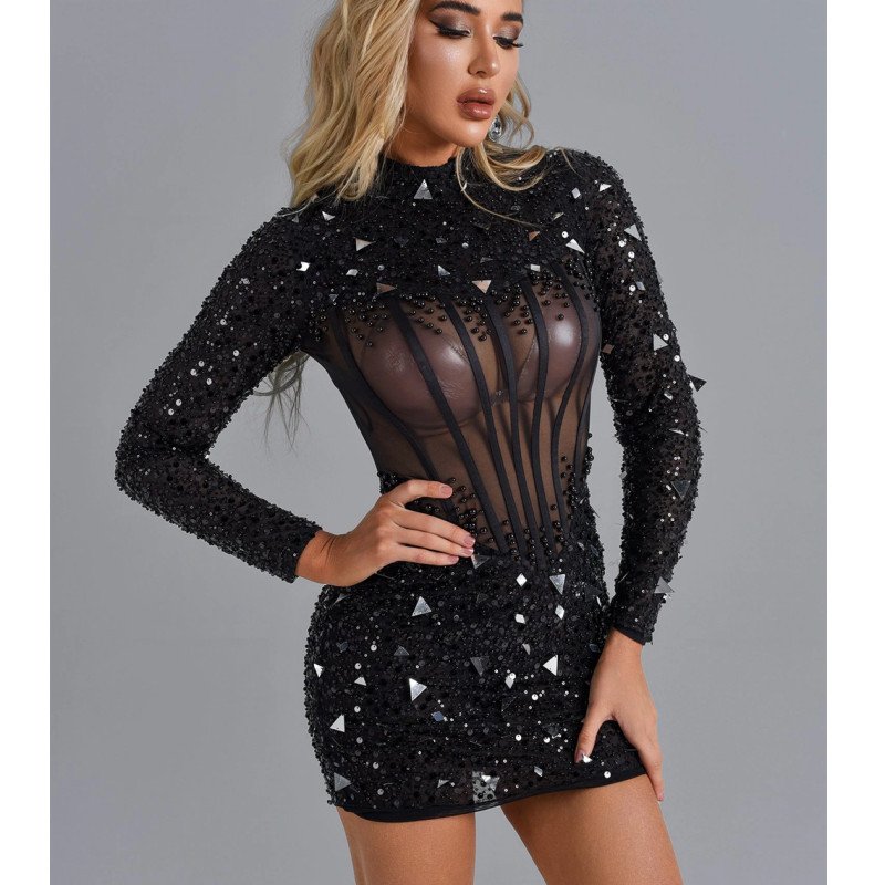 New Fashion Sequin Black Birthday Celebrate Club Bodycon Women Dress Rhinestones Dress