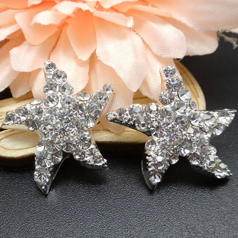 24mm Clear Rhinestone Starfish Embellishment Crystal Starfish Shank metal Button In silver