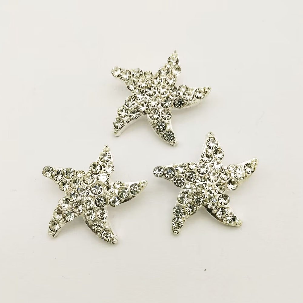 24mm Clear Rhinestone Starfish Embellishment Crystal Starfish Shank metal Button In silver