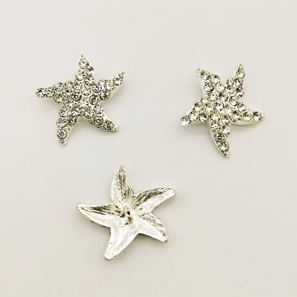 24mm Clear Rhinestone Starfish Embellishment Crystal Starfish Shank metal Button In silver