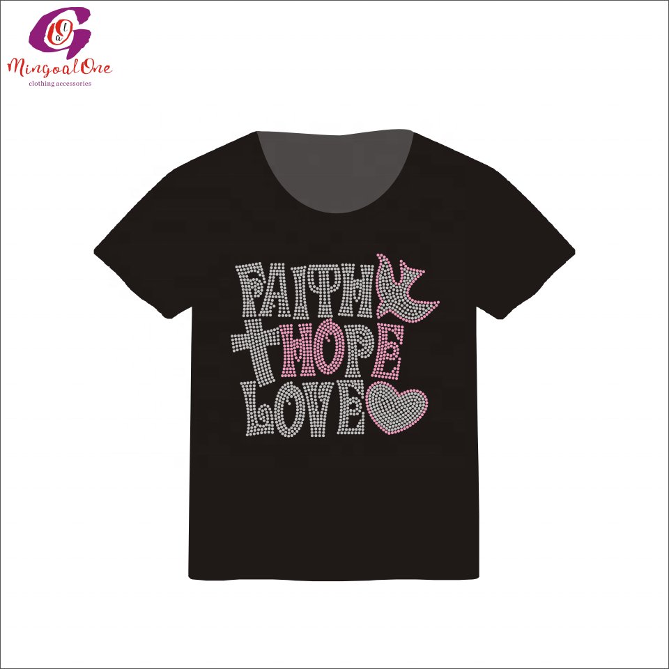 Customized Pink Ribbon Wing Logo Rhinestone Iron On Design Fashion Bling Cancer Ribbon Rhinestone Heat Transfer for Shirt