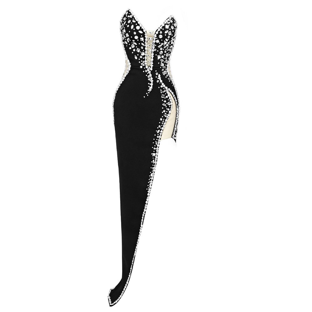 Sleeveless Deep V-neck Crystal Women Bandage Dresses Luxury Rhinestone Heavy Evening Party Dress