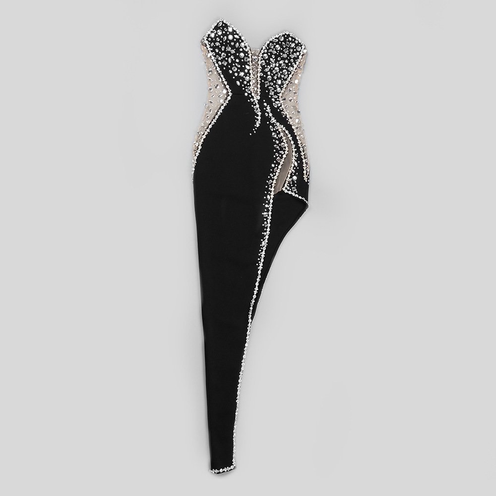 Sleeveless Deep V-neck Crystal Women Bandage Dresses Luxury Rhinestone Heavy Evening Party Dress