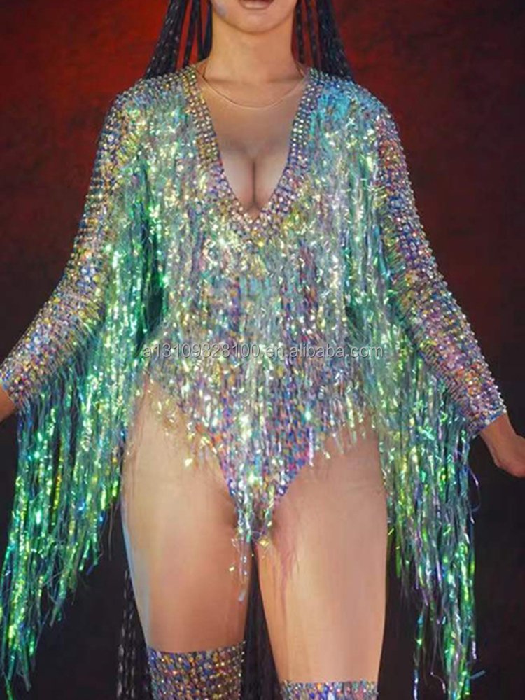 Multi-colored Tassel Rhinestones Bodysuit Glisten Crystals Jumpsuit Sexy Long Women Nightclub Outfit Singer Stage Dance Costume