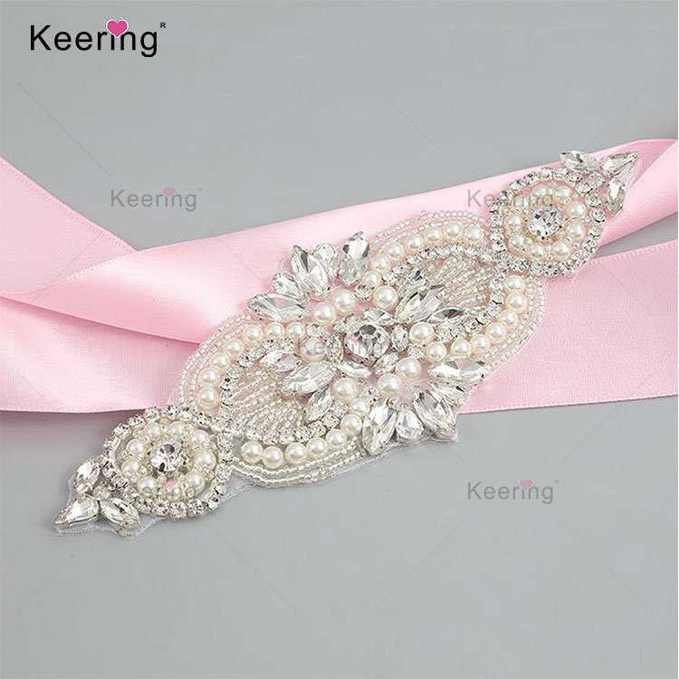 Crystal Pearl Rhinestone Beaded Applique For Bridal Headband sew on Bridal Accessories Wedding Dress Sash Belt Trim WRA-971