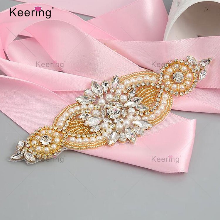Crystal Pearl Rhinestone Beaded Applique For Bridal Headband sew on Bridal Accessories Wedding Dress Sash Belt Trim WRA-971