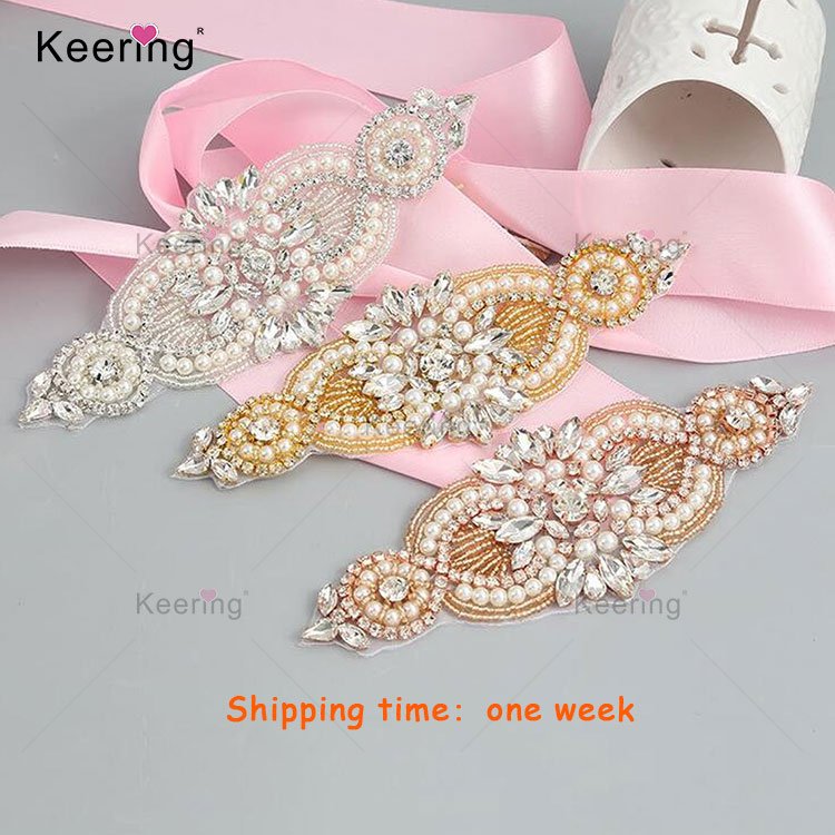 Crystal Pearl Rhinestone Beaded Applique For Bridal Headband sew on Bridal Accessories Wedding Dress Sash Belt Trim WRA-971