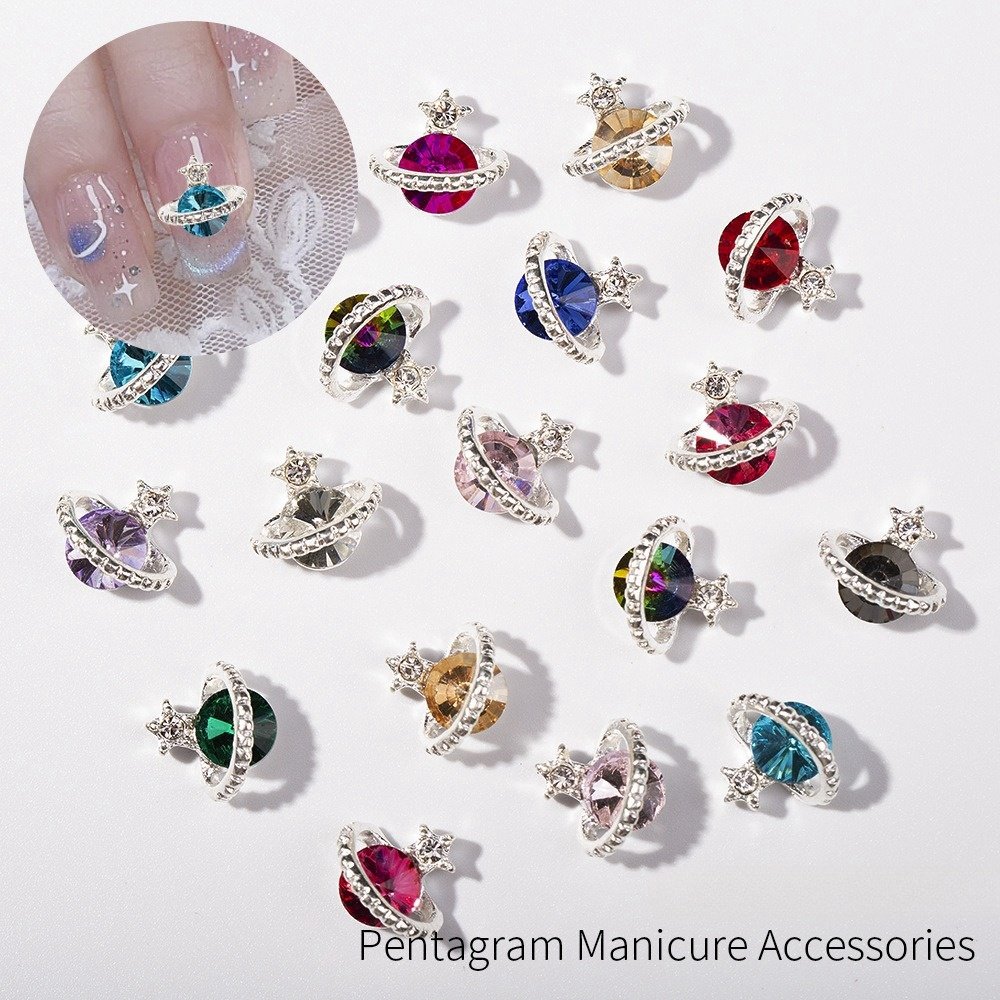 Luxury Planet Nail Charms Glitter Stones Saturn Shape Crystals Nail Rhinestone Alloy Jewelry Accessories 3D Kawaii Nail Art
