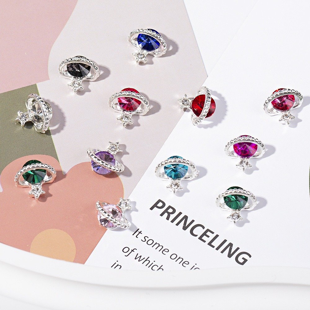 Luxury Planet Nail Charms Glitter Stones Saturn Shape Crystals Nail Rhinestone Alloy Jewelry Accessories 3D Kawaii Nail Art