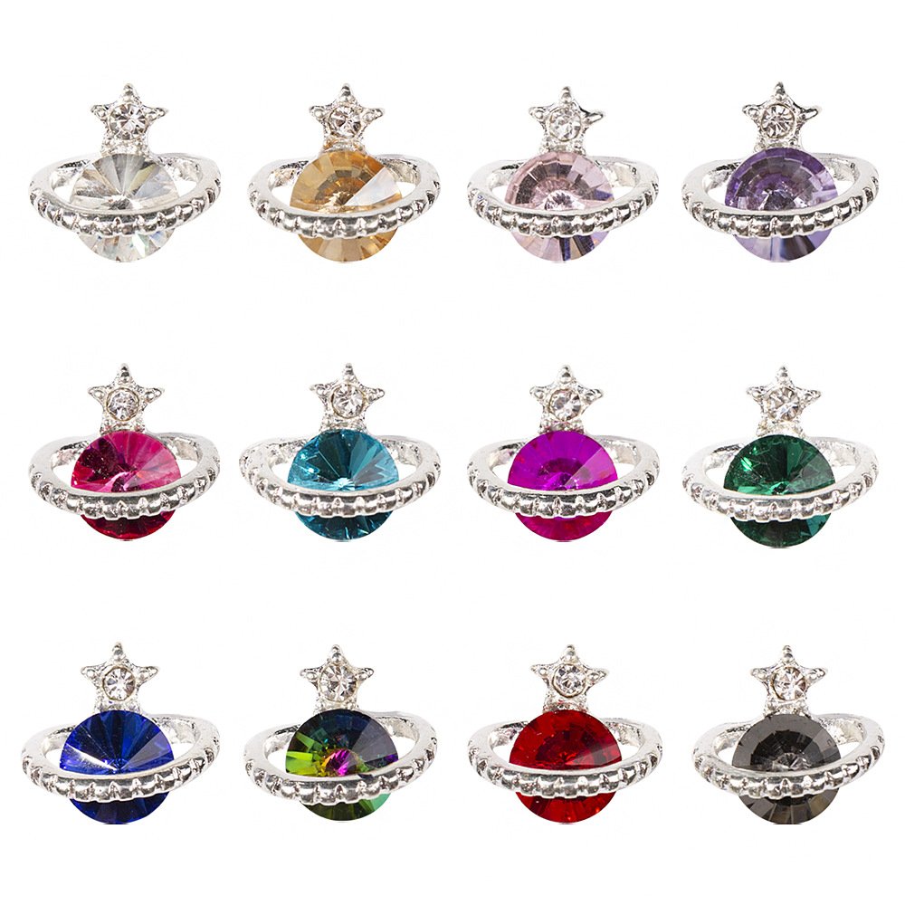 Luxury Planet Nail Charms Glitter Stones Saturn Shape Crystals Nail Rhinestone Alloy Jewelry Accessories 3D Kawaii Nail Art
