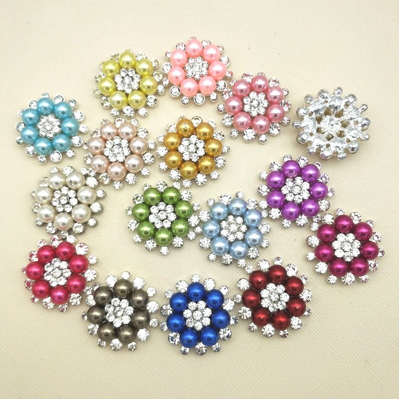 Stock 25mm High quality Pearl and Rhinestone Buttons Set In Silver Tone Metal Buttons with shank for DIY Embellishments 28MM